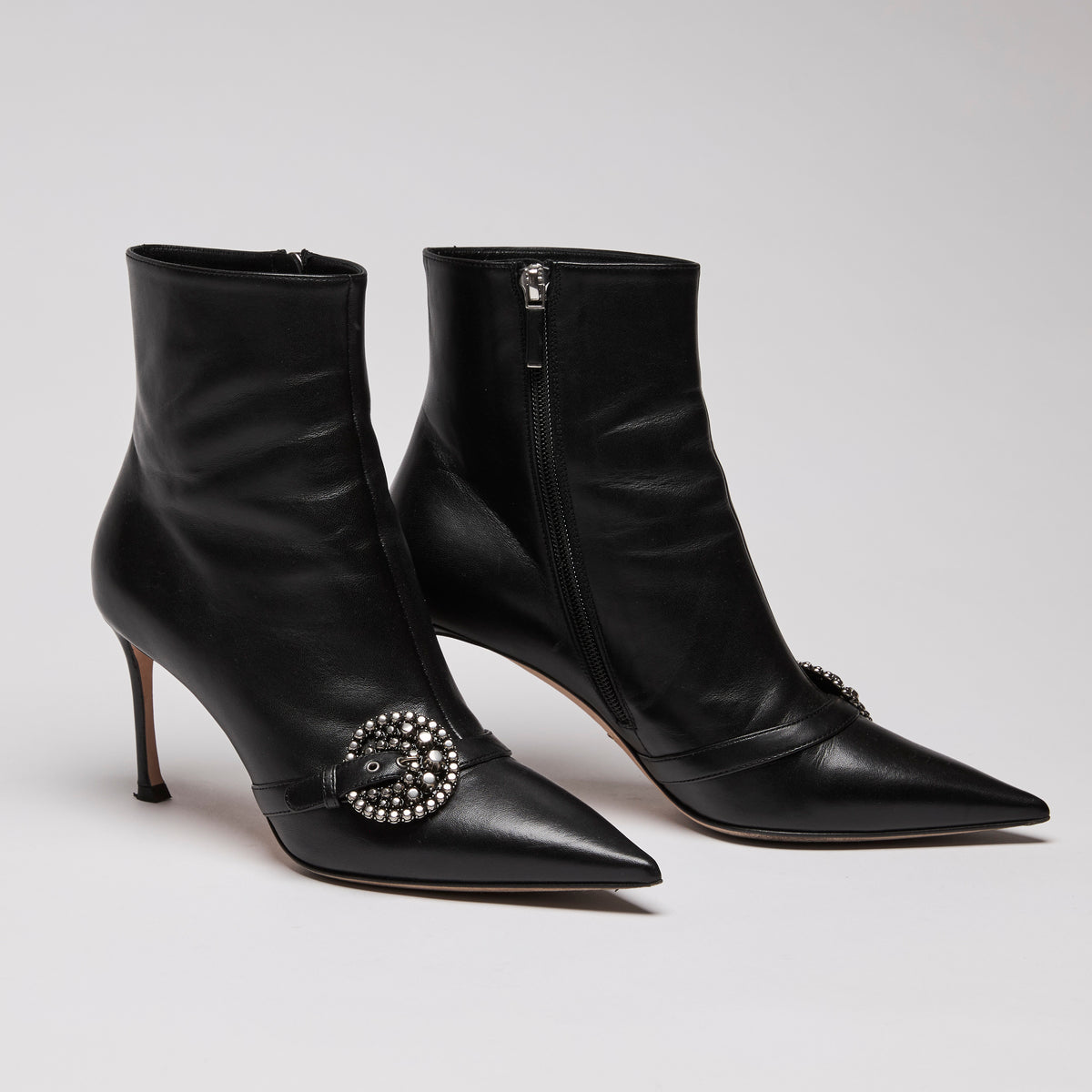 Dior Black Leather Point Toe Ankle Boots with Buckle Embellishment(side)