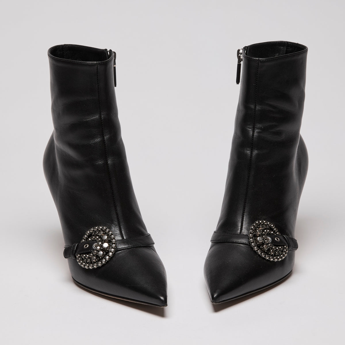 Dior Black Leather Point Toe Ankle Boots with Buckle Embellishment(front)