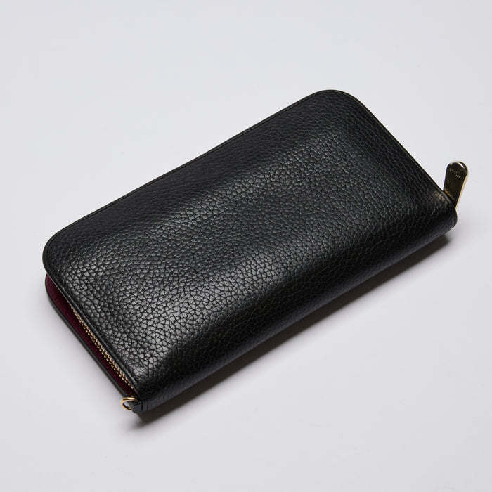 Pre-Loved Black Grained Leather Zip Around Long Wallet.(front)