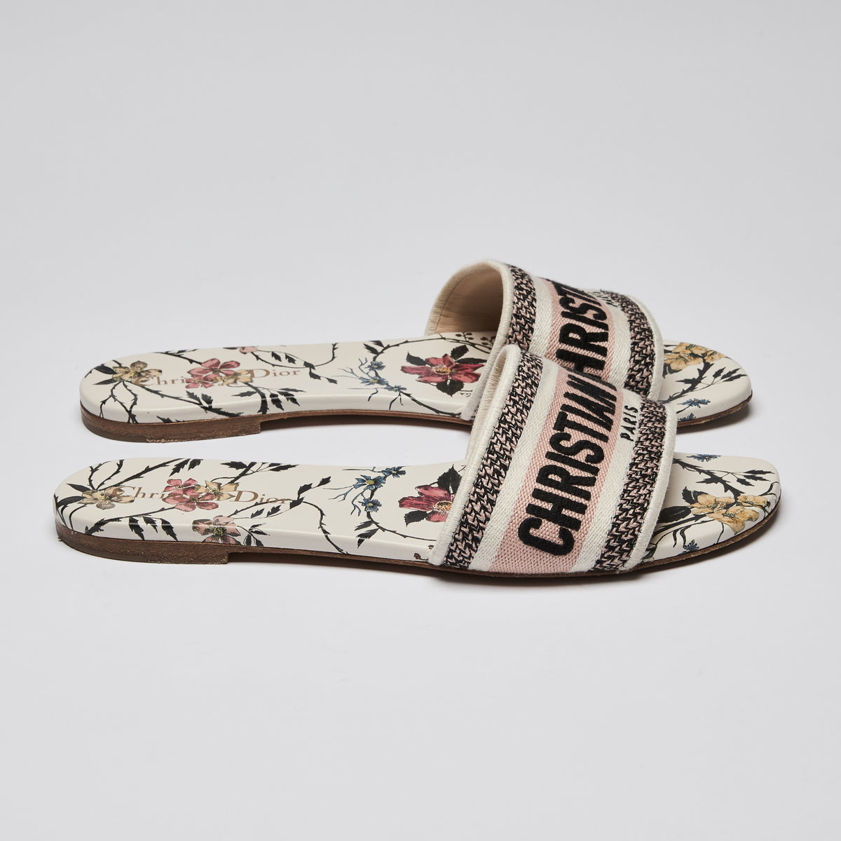 Dior White & Pink Floral Logo Embroidered D Way Slide Size 38.5 (side)