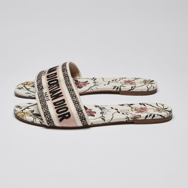 Dior White & Pink Floral Logo Embroidered D Way Slide Size 38.5 (side)