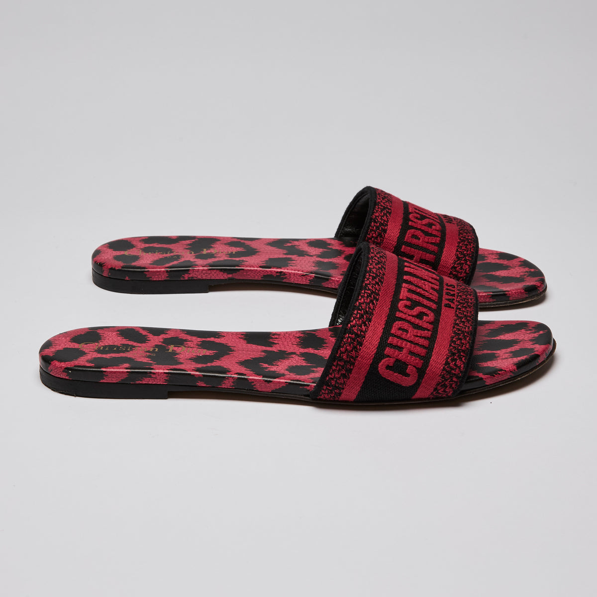 Dior Red Leopard Print Leather and Canvas Dway Slide Flats Size 38.5