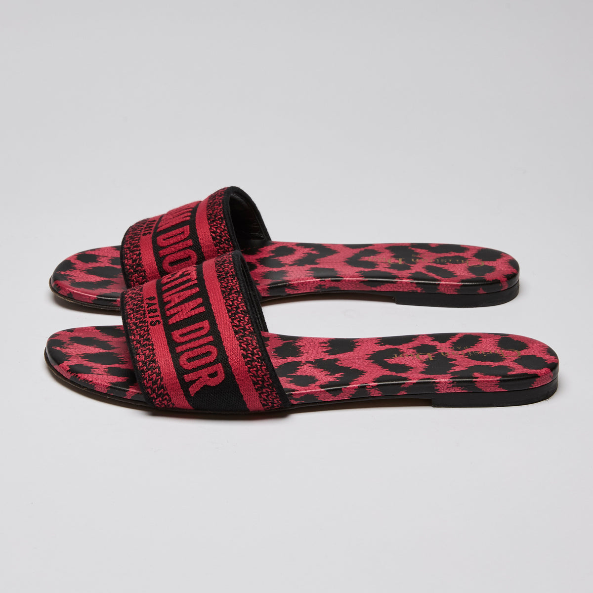 Dior Red Leopard Print Leather and Canvas Dway Slide Flats Size 38.5