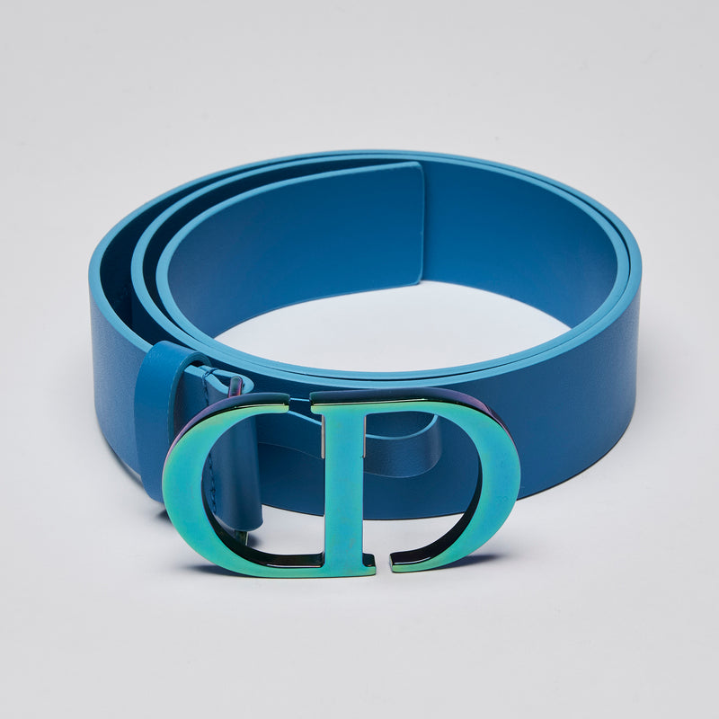 Dior Leather MONTAIGNE Belt with Iridescent Buckle Blue Size 80 (front)