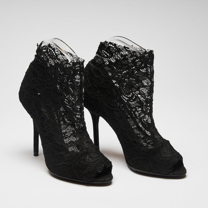 Pre-Loved Black Stretch Lace Peep Toe Heel Ankle Boots.  (Front)