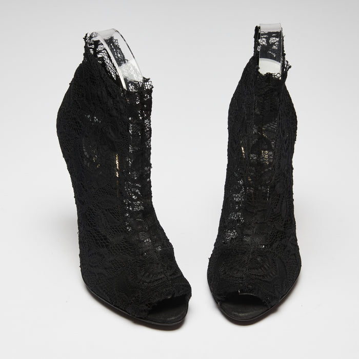 Pre-Loved Black Stretch Lace Peep Toe Heel Ankle Boots.  (front)