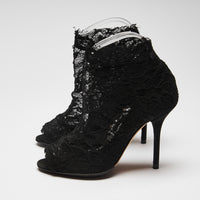 Pre-Loved Black Stretch Lace Peep Toe Heel Ankle Boots. (side)