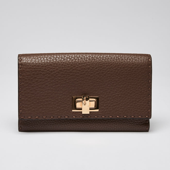 Fendi Brown Pebbled Leather Turnlock Flap Full Size Wallet