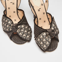Excellent Pre-Loved Beige and Brown Patterned Fabric Open Toe Sling Back Sandals with Adjustable Ankle Straps(front)