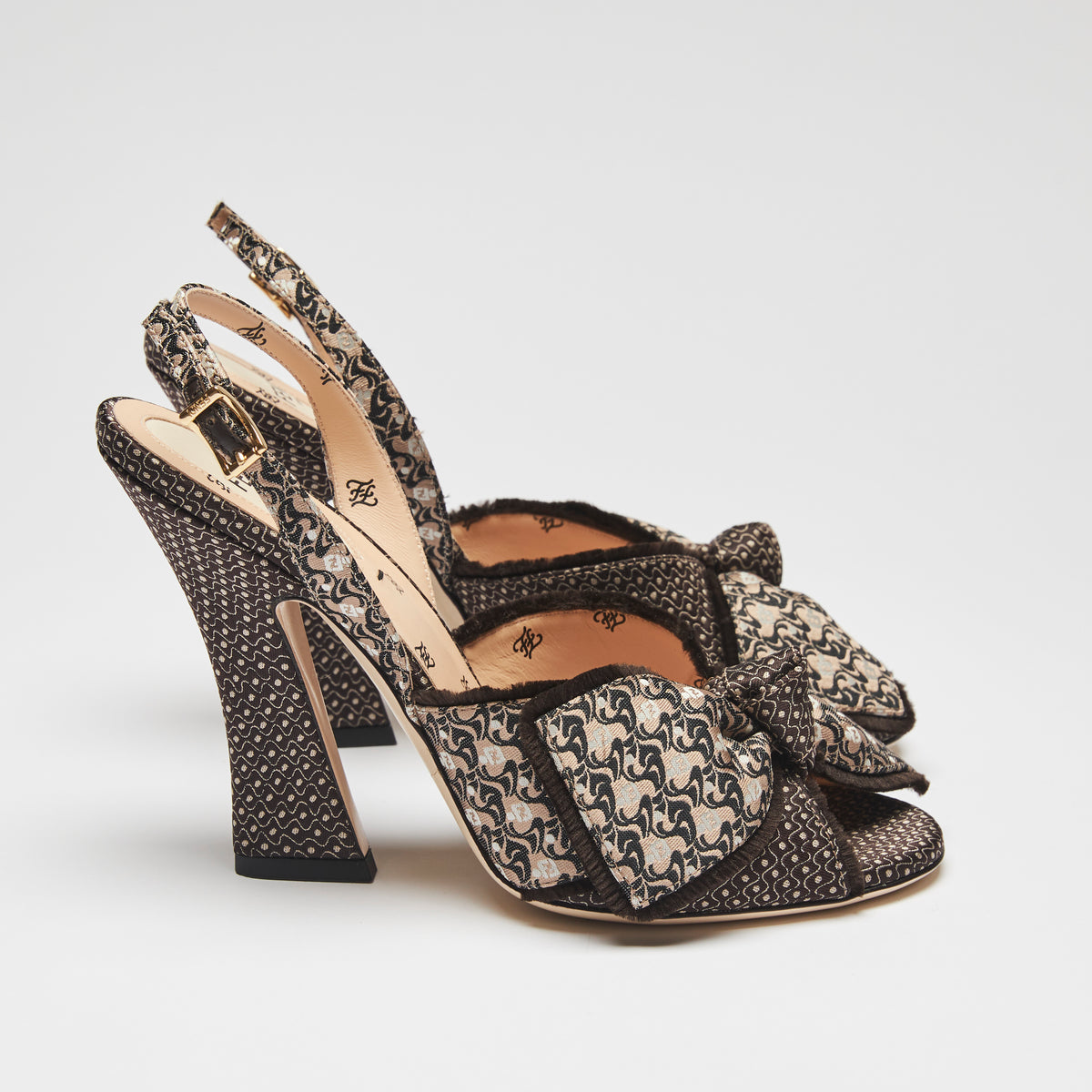 Excellent Pre-Loved Beige and Brown Patterned Fabric Open Toe Sling Back Sandals with Adjustable Ankle Straps(side)