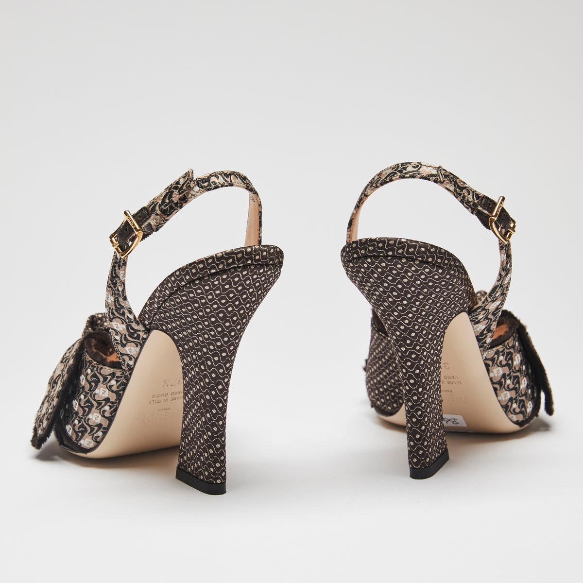 Excellent Pre-Loved Beige and Brown Patterned Fabric Open Toe Sling Back Sandals with Adjustable Ankle Straps (back)