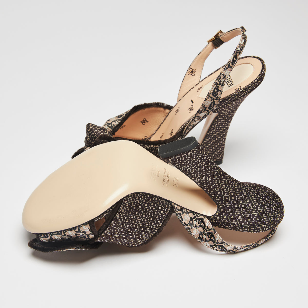 Excellent Pre-Loved Beige and Brown Patterned Fabric Open Toe Sling Back Sandals with Adjustable Ankle Straps(bottom)
