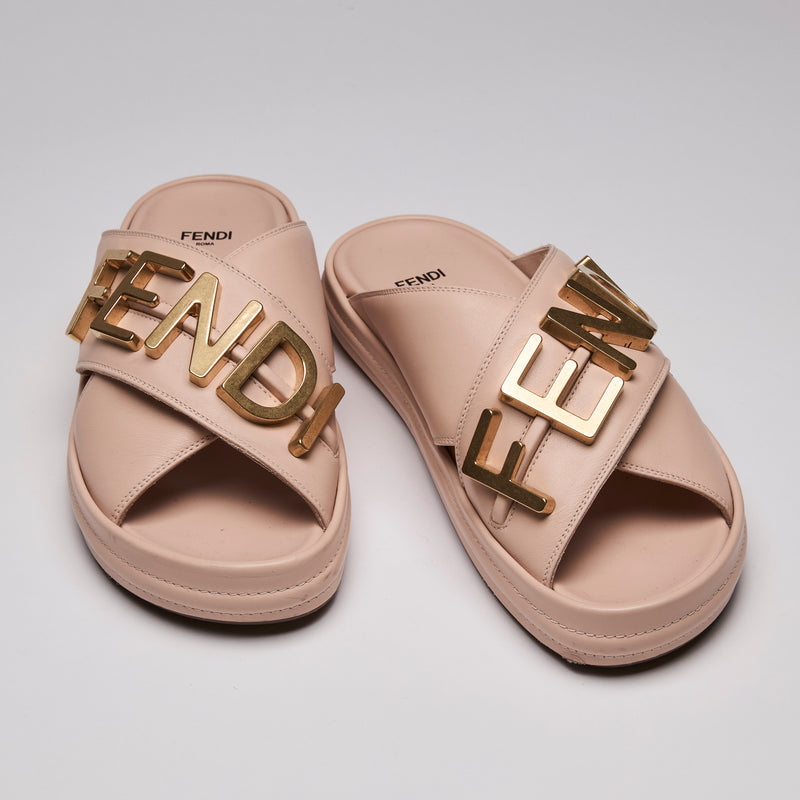 Fendi Vitello Fendigraphy Slide Sandals Light Rose Size 38