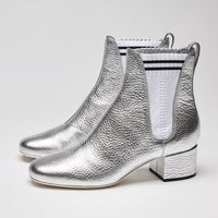 Fendi Metallic Silver Leather Block Heel Ankle Boots Size 38