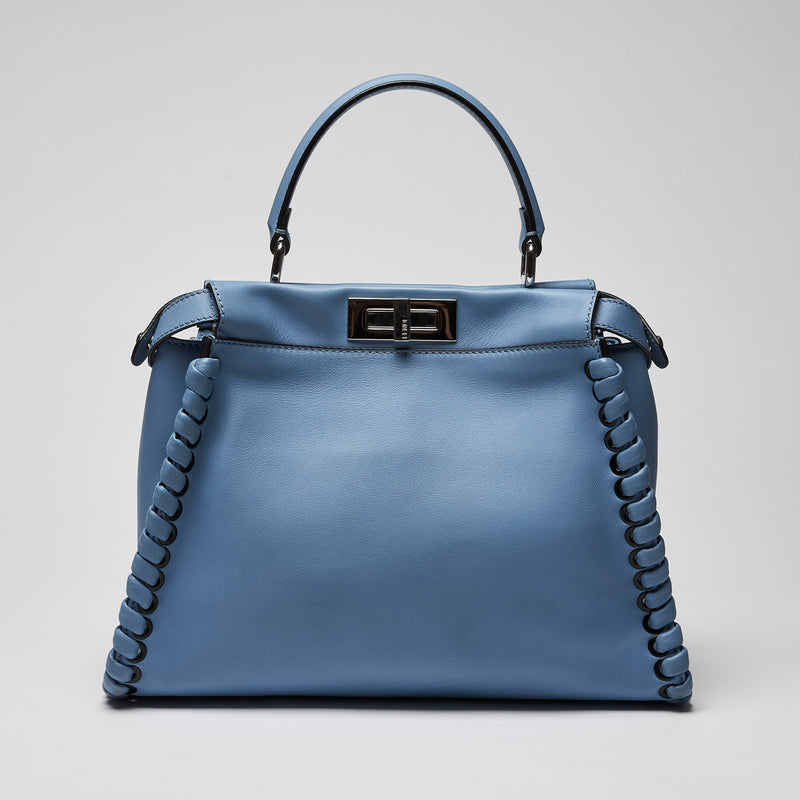 Fendi Nappa Lace Up Peekaboo Iconic Satchel Blue (Front)