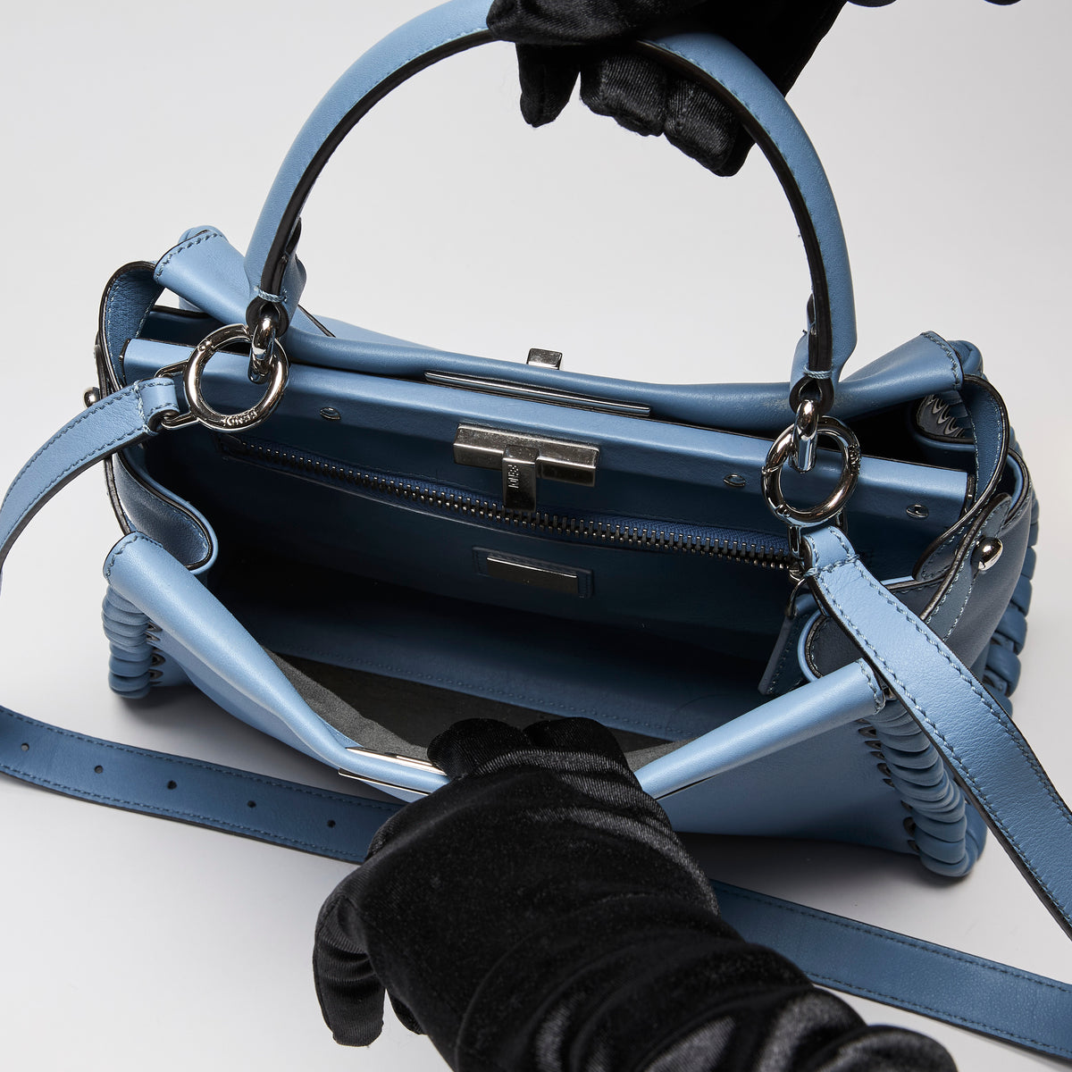 Fendi Nappa Lace Up Peekaboo Iconic Satchel Blue (interior)