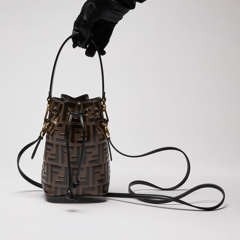 Fendi Vitello Liberty Embossed Mini Mon Tresor Bucket Bag Maya Black (Front)