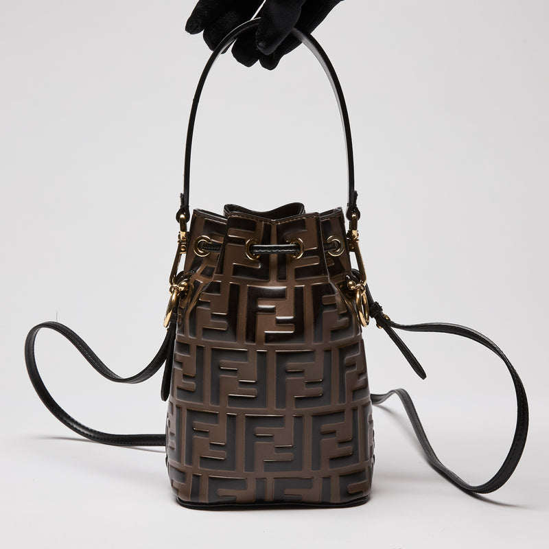 Fendi Vitello Liberty Embossed Mini Mon Tresor Bucket Bag Maya Black (Front)