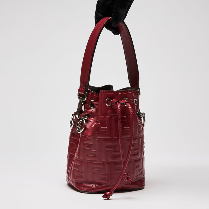 Fendi Deep Red Monogram Embossed Mini Mon Tresor Bucket Bag (Front