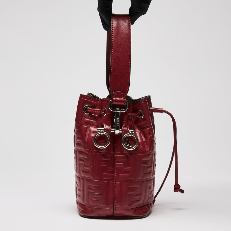 Fendi Deep Red Monogram Embossed Mini Mon Tresor Bucket Bag  (Front)