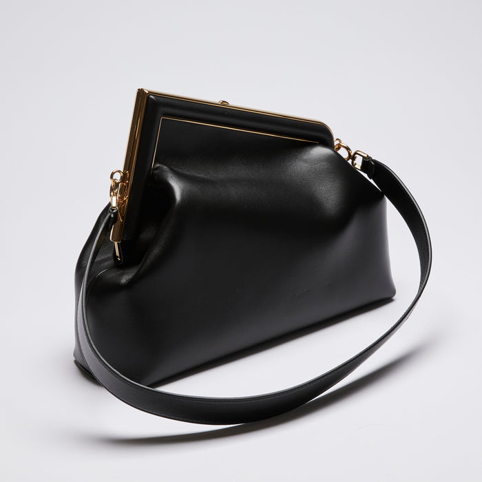 Excellent Pre-Loved Black Smooth Leather Asymmetrical Clutch Bag.(back)