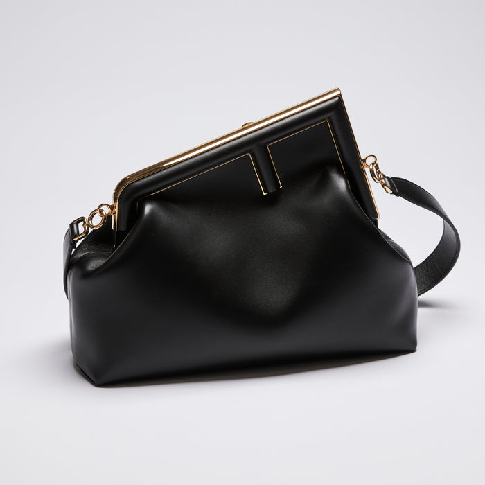 Excellent Pre-Loved Black Smooth Leather Asymmetrical Clutch Bag.(Front)