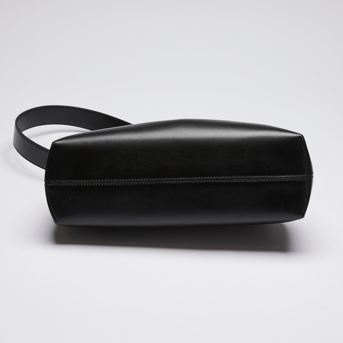 Excellent Pre-Loved Black Smooth Leather Asymmetrical Clutch Bag.(bottom)