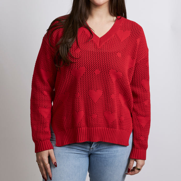 Excellent Pre-Loved Red Open Knit Heart Motif Sweater.(front)