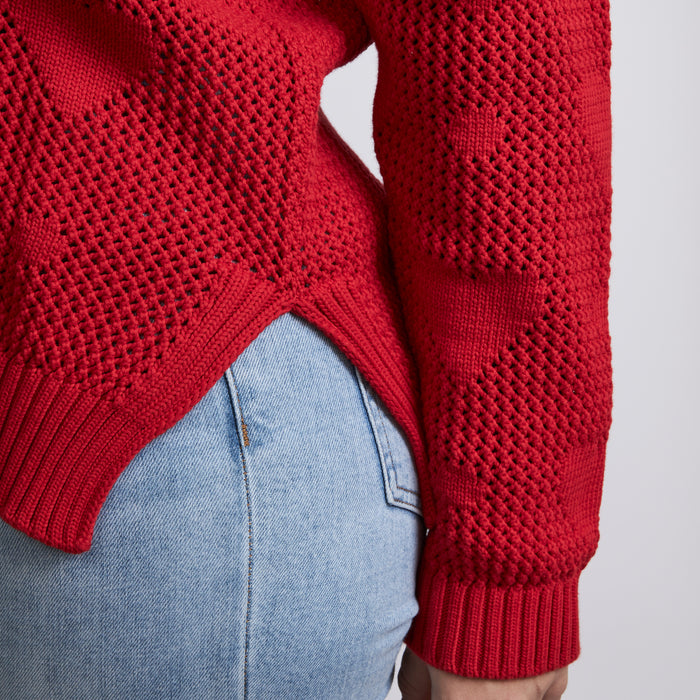 Excellent Pre-Loved Red Open Knit Heart Motif Sweater.(close up)