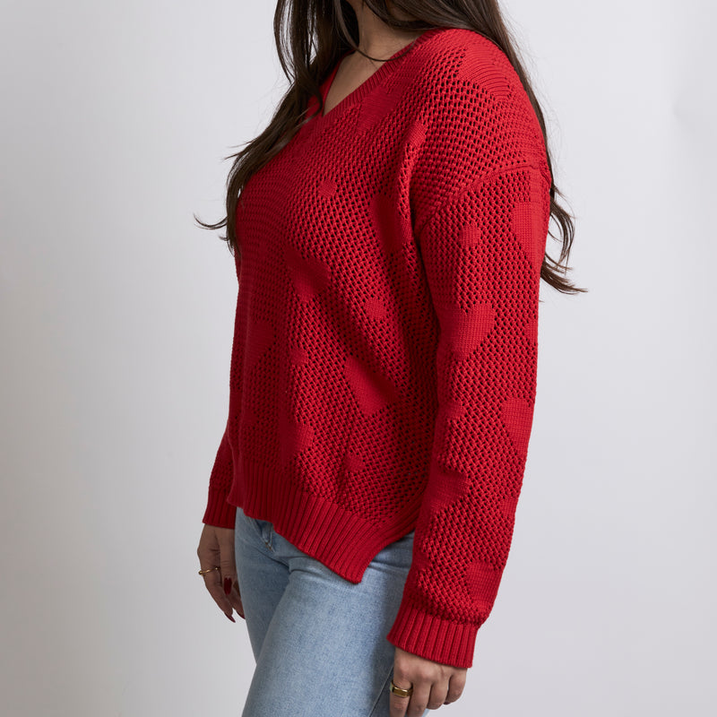 Excellent Pre-Loved Red Open Knit Heart Motif Sweater.(side)