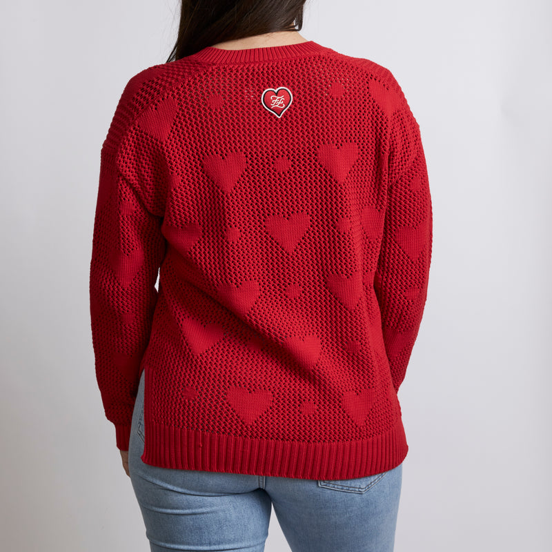 Excellent Pre-Loved Red Open Knit Heart Motif Sweater.(back)