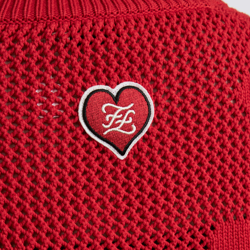 Excellent Pre-Loved Red Open Knit Heart Motif Sweater.(logo)