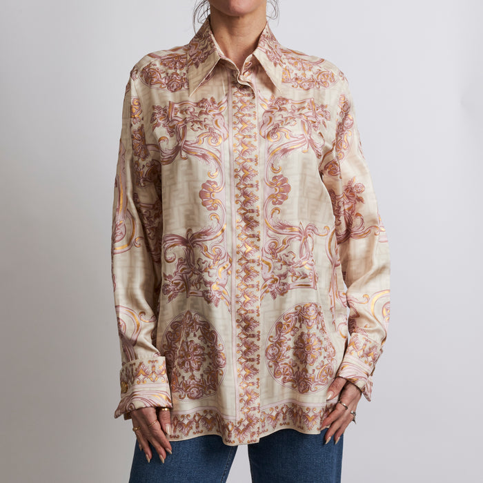 Excellent Pre-Loved Pink and Beige Patterned Button Down Silk Blouse.  (front)