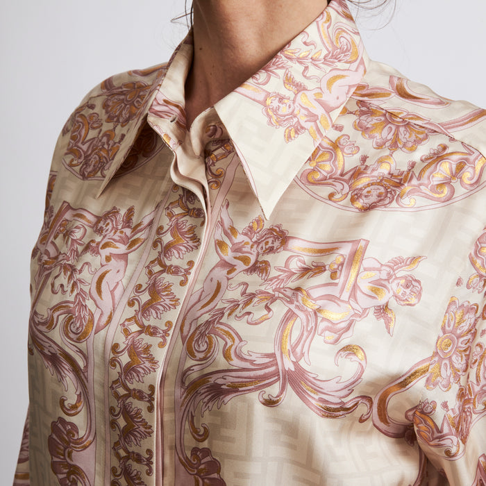 Excellent Pre-Loved Pink and Beige Patterned Button Down Silk Blouse.  (close up)