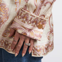 Excellent Pre-Loved Pink and Beige Patterned Button Down Silk Blouse.  (cuff)