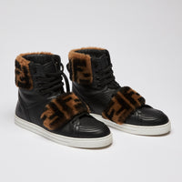 Fendi Zucca Monogram Fur Black Leather High Top Sneakers (front)