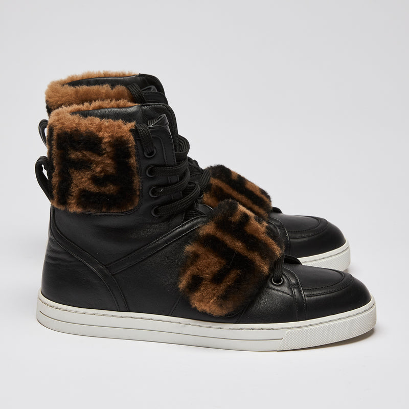 Fendi Zucca Monogram Fur Black Leather High Top Sneakers (side)