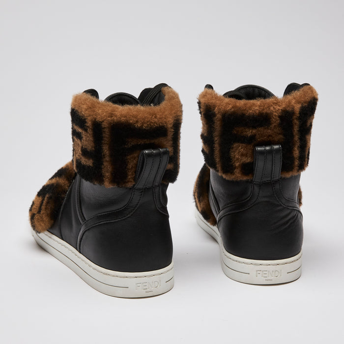 Fendi Zucca Monogram Fur Black Leather High Top Sneakers (back)