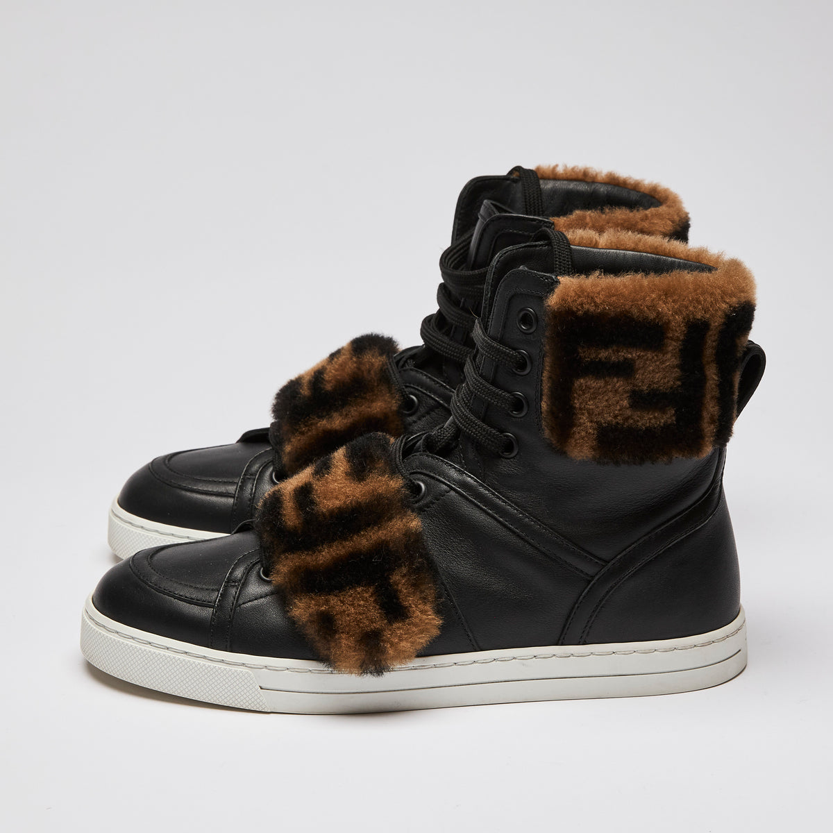 Fendi Zucca Monogram Fur Black Leather High Top Sneakers (side)