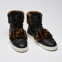 Fendi Zucca Monogram Fur Black Leather High Top Sneakers (front)