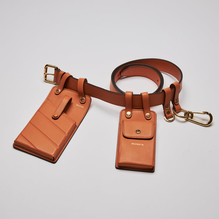 Excellent Pre-Loved Orange Smooth Leather Dual Pouch Belt Bag.(flat lay)