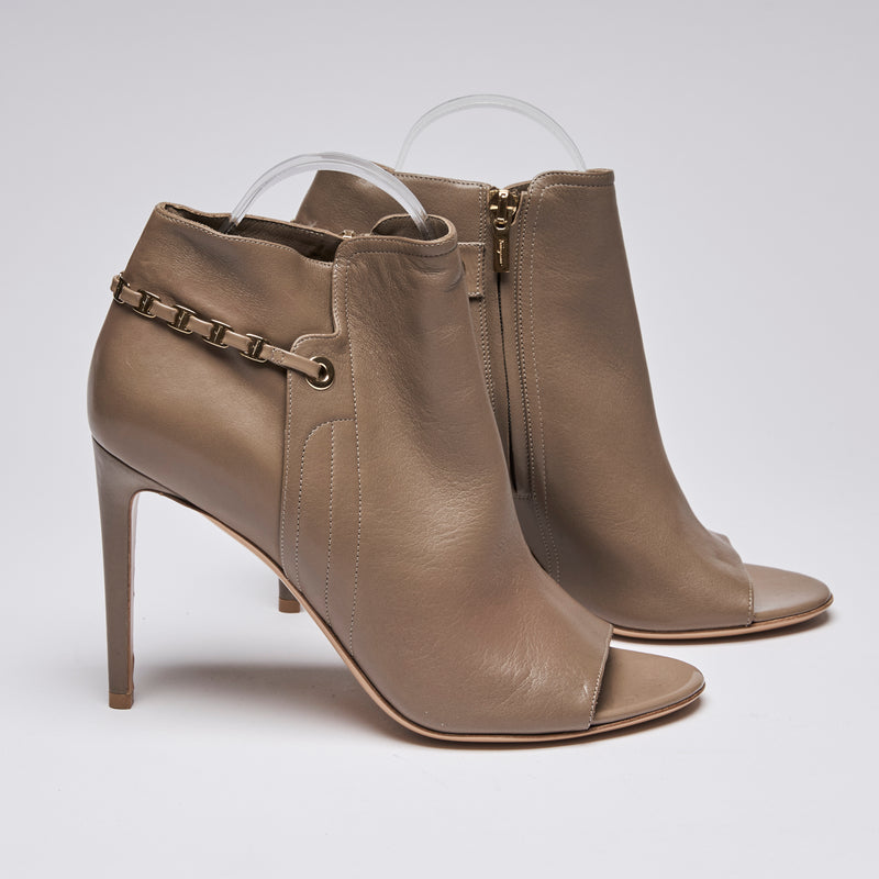 Ferragamo Taupe Leather Peep Toe Ankle Boots Size 8.5B(side)