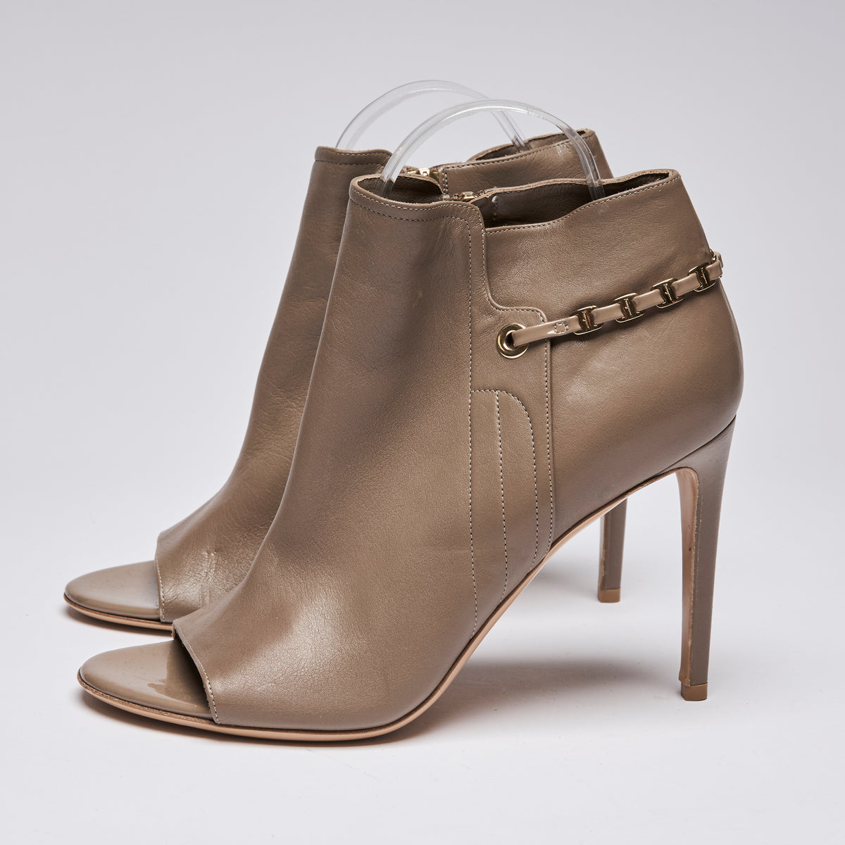 Ferragamo Taupe Leather Peep Toe Ankle Boots Size 8.5B(side)