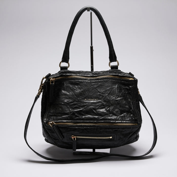 Pre-Loved Black Crinkled Leather Shoulder Bag.(front)