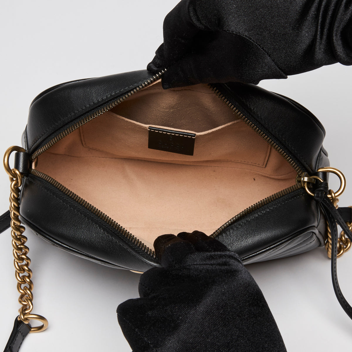 Excellent Pre-Loved Gucci Black Mini GG Marmont Chain Shoulder Bag (Interior)