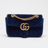 Pre-Loved Gucci Matelasse Blue Velvet Mini GG Marmont Shoulder Bag (front)