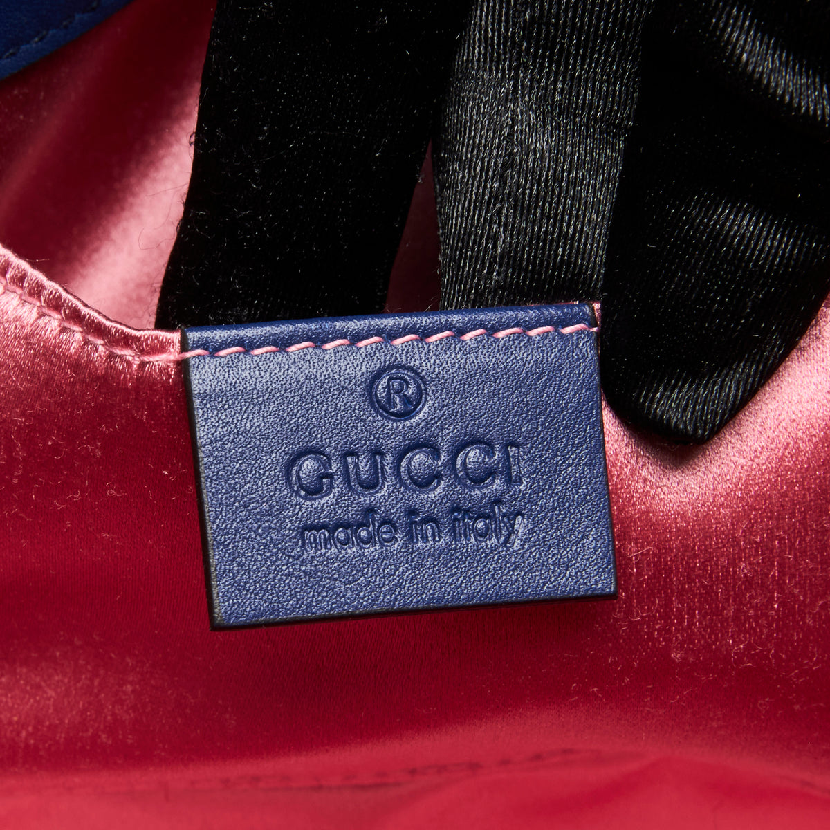 Pre-Loved Gucci Matelasse Blue Velvet Mini GG Marmont Shoulder Bag. (Label)