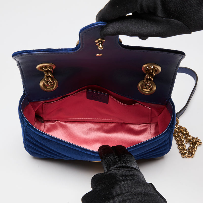 Pre-Loved Gucci Matelasse Blue Velvet Mini GG Marmont Shoulder Bag. (interior)