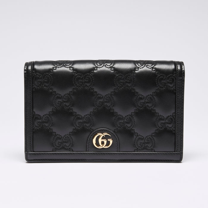 Gucci Black Logo Embossed Leather GG Matelasse Chain Wallet (front)