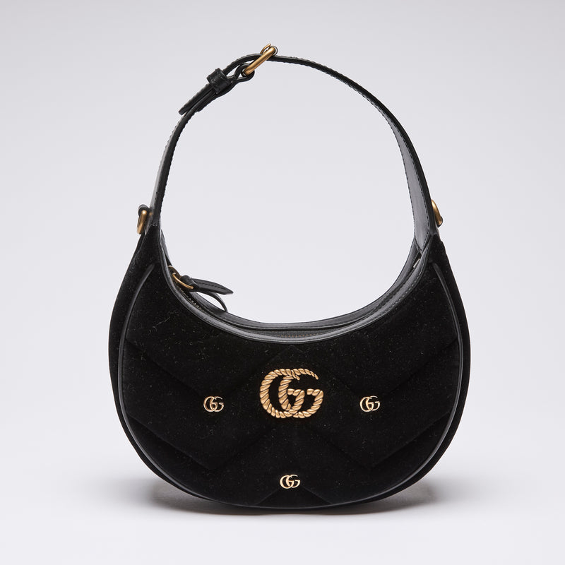 Gucci Black Velvet Matelasse GG Studded Marmont Half Moon Shoulder Bag (front)